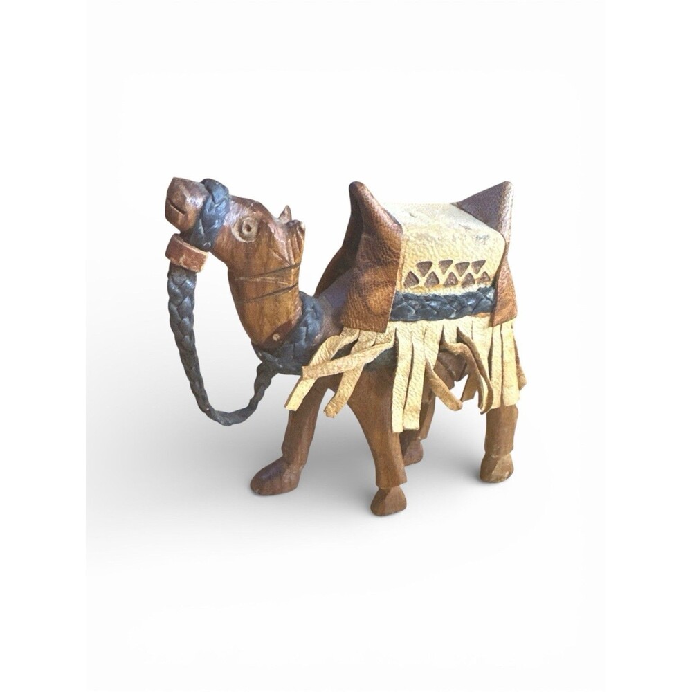 Camel 3.5 inch hand carved wood  saddle braided rope reins vintage artisan